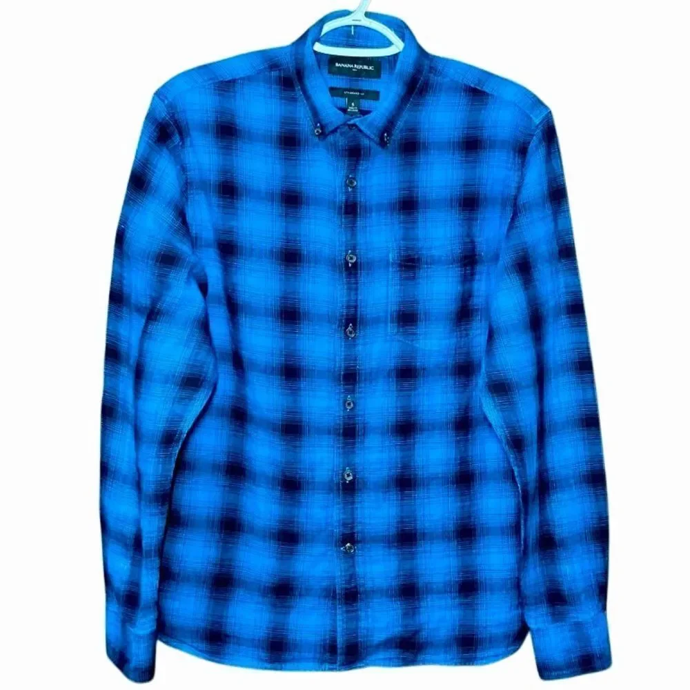 Banana Republic Long Sleeve Double Weave Plaid Shirt in Blue/Black Men’s S